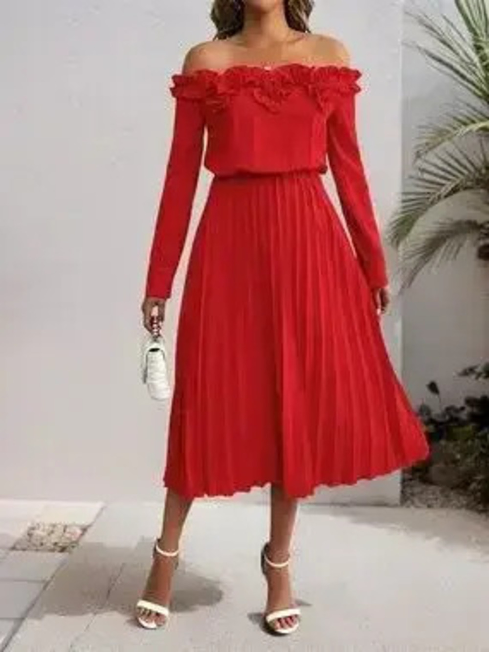 Off-Shoulder Ruffle Pleated Midi Dress - Picture 2 of 10